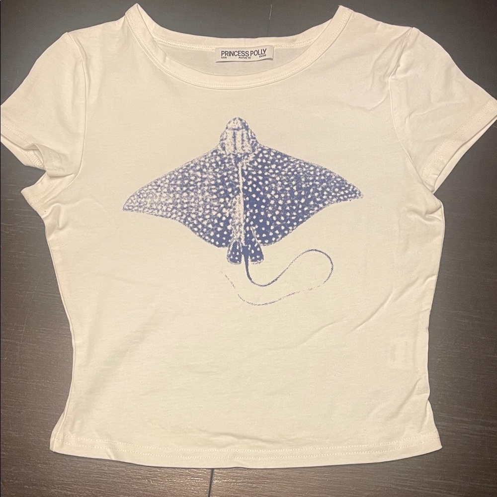 Princess Polly Cream Top with Blue Stingray Design